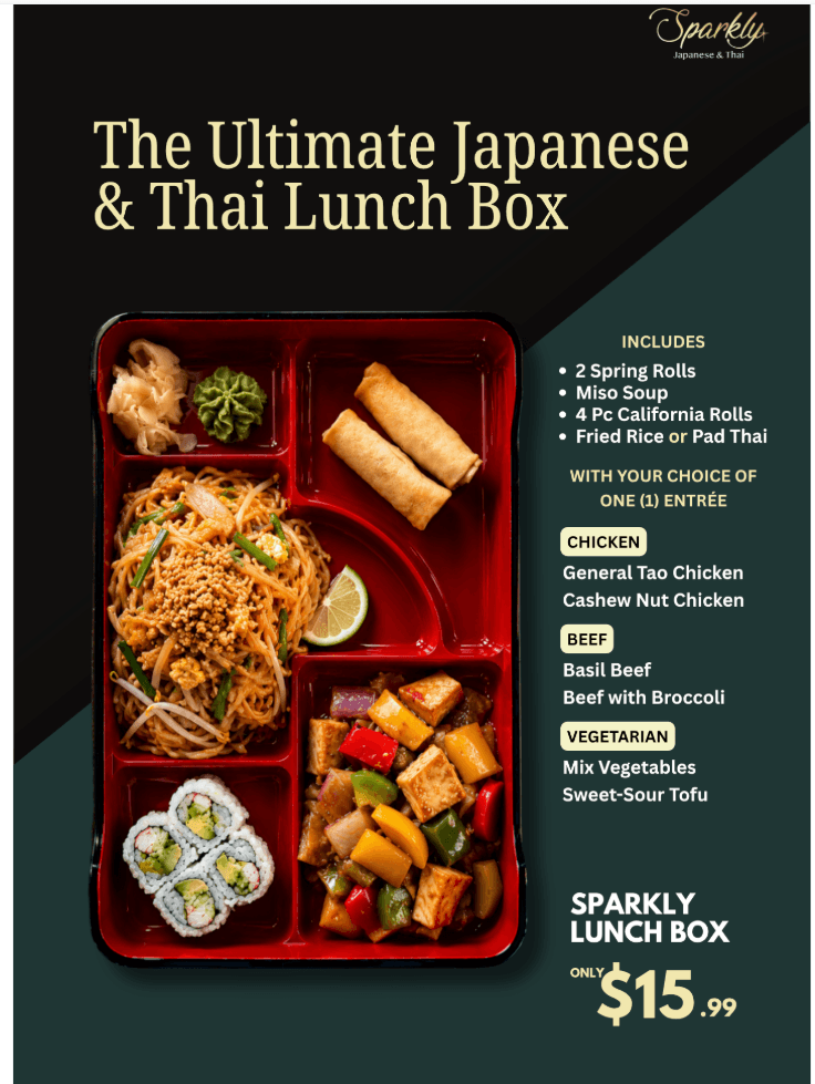 Sparkly Lunch Box poster showing included items and entree choices