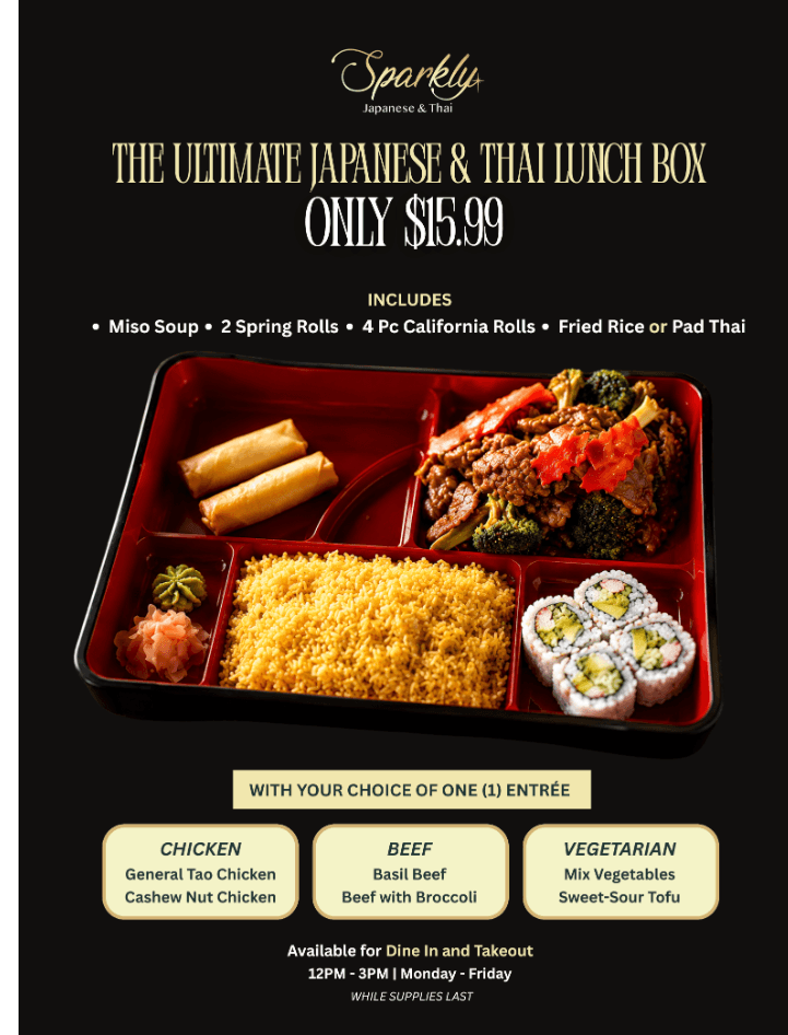 Sparkly Japanese and Thai lunch box with sushi, Pad Thai, spring rolls, and entree